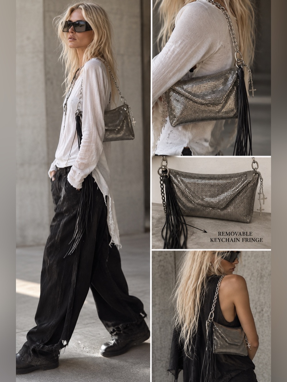 OOAK Handmade Silver Metal Mesh Bag Leather Fringe Cross Chain Avant Garde